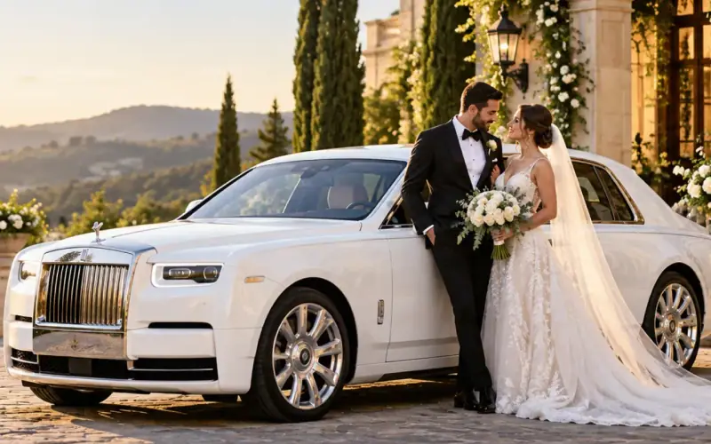 Bride and groom beside a white Rolls-Royce Phantom wedding car Bride and groom beside a white Rolls-Royce Phantom wedding car